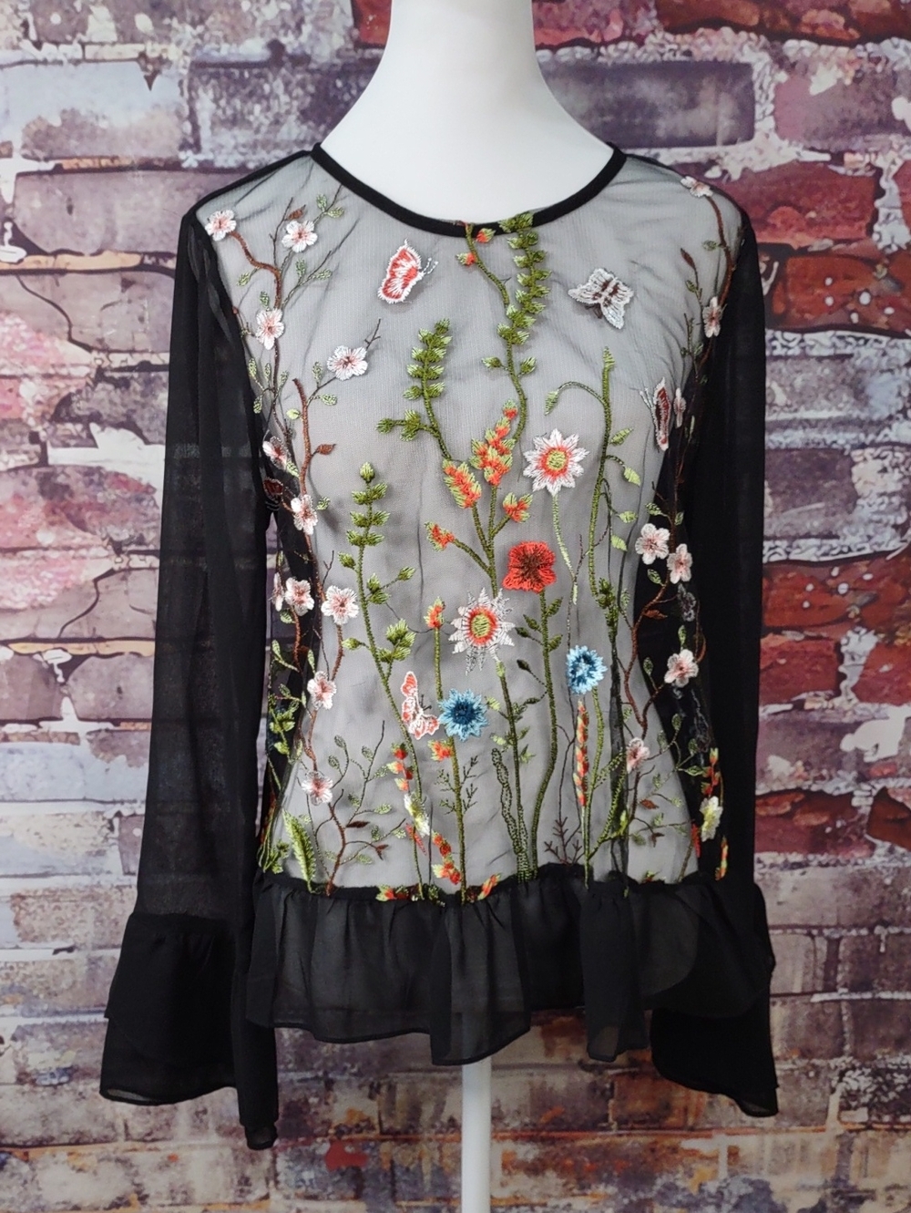 Timing Semi-Sheer Mesh/Floral Embroidered Top